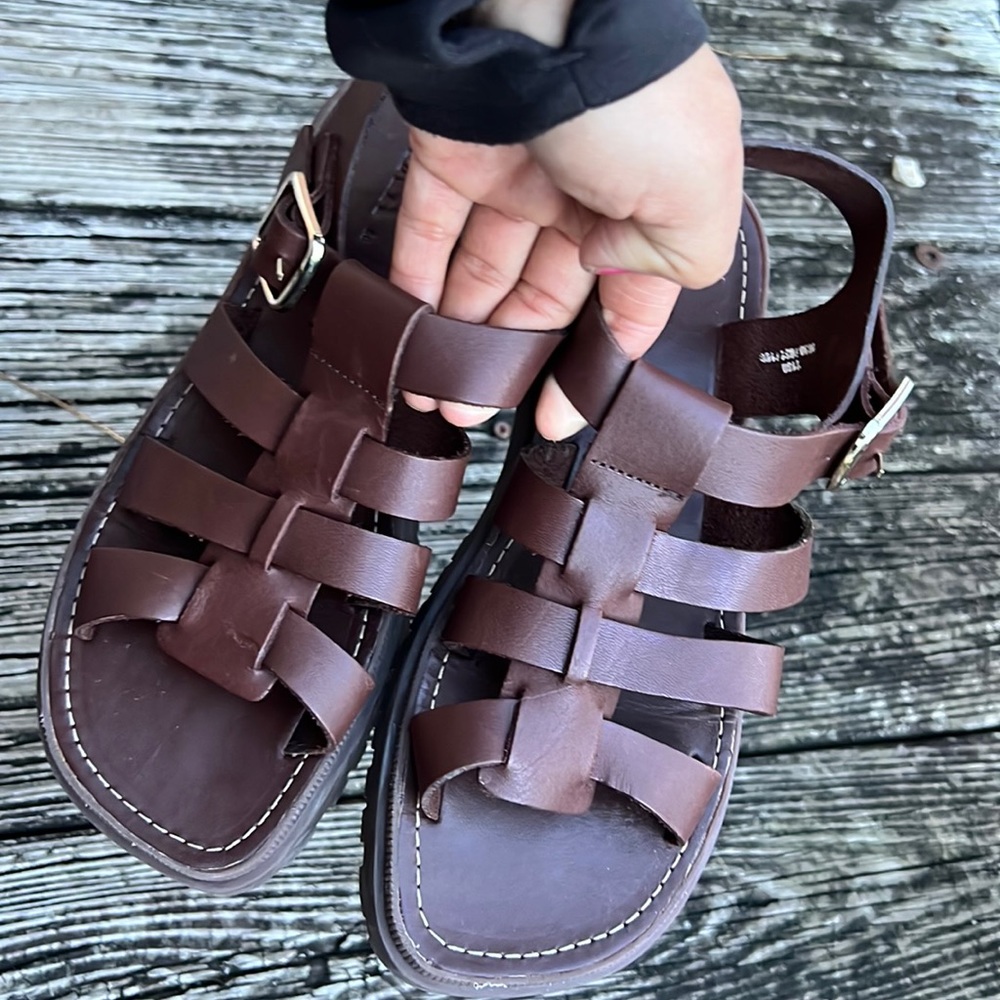 Zara Brown Leather Fisherman Sandals size 38
